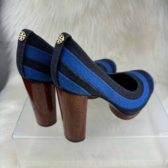 TORY BURCH JOELLE BLUE STRIPE WOOD PLATFORMS PUMPS - Picture 4 of 14